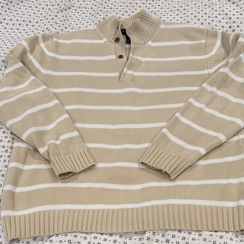 Vintage Brooks Brothers henley sweater,cotton, tan/white stripe,3 buttons,size M